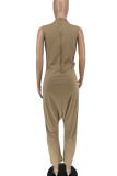 Black Street Solid Patchwork Pocket Zipper O Neck Loose Jumpsuits