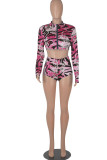 Pink Fashion Casual Print Basic Zipper Collar Long Sleeve Two Pieces