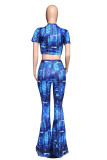 Blue Casual Print Ripped Patchwork O Neck Short Sleeve Two Pieces