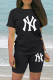 Black Casual Print Patchwork O Neck Short Sleeve Two Pieces