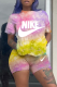 Yellow Casual Patchwork Tie-dye O Neck Short Sleeve Two Pieces