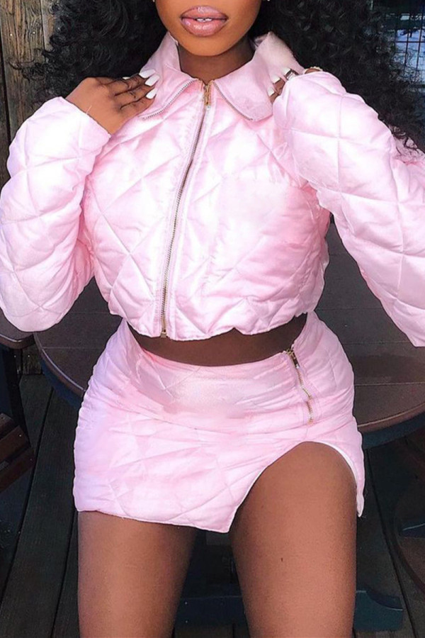 Pink Sexy Casual Solid Patchwork Zipper Turndown Collar Long Sleeve Two Pieces