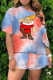 Tangerine Red Sexy Patchwork Tie-dye O Neck Short Sleeve Two Pieces