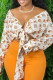 White Fashion Casual Print Bandage V Neck Tops