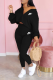Black Casual Print Patchwork One Shoulder Long Sleeve Two Pieces