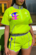 Fluorescent Green Sportswear Print Embroidered Short Sleeve Two Pieces