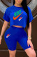 Blue Fashion Casual Letter Print Basic O Neck Short Sleeve Two Pieces