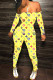 Yellow Sexy Print Patchwork Off the Shoulder Skinny Jumpsuits
