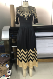 Black Casual Print Split Joint O Neck Cake Skirt Dresses