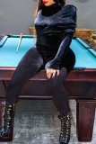 Black Sexy Solid Patchwork Fold Turtleneck Skinny Jumpsuits