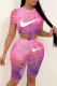 Pink Fashion Casual Letter Print Ripped O Neck Short Sleeve Two Pieces
