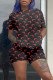 Red Fashion Casual Print Basic O Neck Short Sleeve Two Pieces