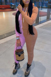 Pink Casual Solid Patchwork Fold Zipper Hooded Collar Long Sleeve Two Pieces
