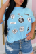 Blue Casual Print Patchwork O Neck T-Shirts