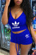 Blue Fashion Casual Print Backless Spaghetti Strap Sleeveless Two Pieces