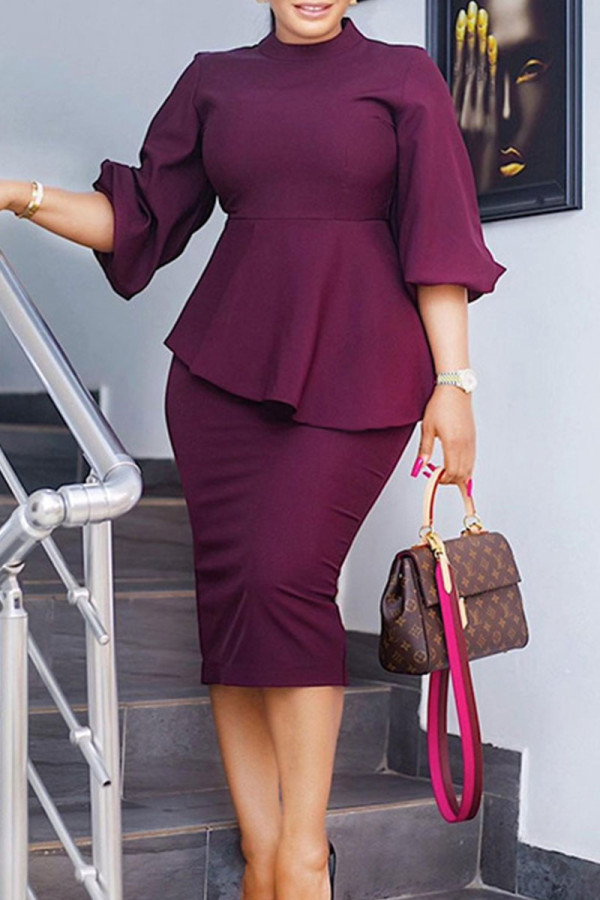 Brown Red Work Solid Patchwork Asymmetrical O Neck Three Quarter Two Pieces