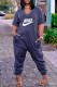 Gray Blue Fashion Casual Letter Print Basic V Neck Regular Jumpsuits