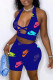 Blue Casual Sportswear Letter Print Hollowed Out Halter Sleeveless Two Pieces