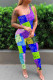 Blue Fashion Casual Print Backless One Shoulder Skinny Jumpsuits