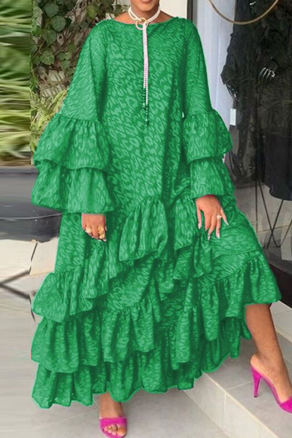 Green Fashion Casual Print Patchwork O Neck Long Sleeve Dresses