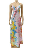 Multicolor Sexy Print Patchwork Backless Flounce Asymmetrical V Neck Sling Dress Dresses