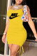 Yellow Sexy Print Patchwork Draw String Spaghetti Strap A Line Dresses