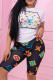 Black Sportswear Print Patchwork O Neck Short Sleeve Two Pieces