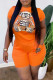 Tangerine Red Street Character Print Patchwork O Neck Short Sleeve Two Pieces
