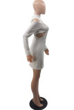 White Sexy Casual Solid Hollowed Out Split Joint Turtleneck Long Sleeve Dresses