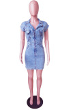 Baby Blue Fashion Casual Solid Patchwork V Neck Short Sleeve Denim Dress