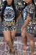 Black Casual Print Patchwork O Neck Short Sleeve Two Pieces