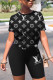 Black Fashion Casual Print Basic O Neck Short Sleeve Two Pieces