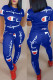 Royal Blue Fashion Casual Print Basic O Neck Short Sleeve Two Pieces