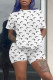 White Fashion Casual Print Basic O Neck Short Sleeve Two Pieces
