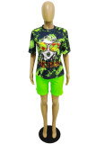 Multicolor Fashion Casual Print Basic O Neck Short Sleeve Two Pieces