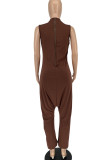 Black Street Solid Patchwork Pocket Zipper O Neck Loose Jumpsuits