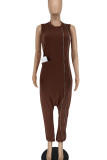 Black Street Solid Patchwork Pocket Zipper O Neck Loose Jumpsuits