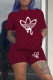 Burgundy Fashion Casual Print Basic O Neck Short Sleeve Two Pieces