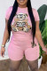 Pink Street Character Print Patchwork O Neck Short Sleeve Two Pieces