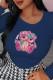 Navy Blue Sweet Daily Print Patchwork O Neck Tops