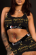 Black Gold Sexy Print Patchwork U Neck Sleeveless Two Pieces