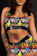 Black Sexy Print Patchwork U Neck Sleeveless Two Pieces
