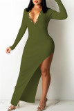 Army Green Fashion Sexy Solid Backless V Neck Long Sleeve Dresses