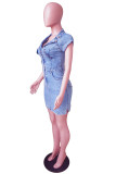 Baby Blue Fashion Casual Solid Patchwork V Neck Short Sleeve Denim Dress