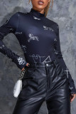 Black Sexy Casual Print Basic Turtleneck Long Sleeve Skinny Romper
