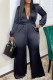 Black Casual Solid Patchwork Buckle Turndown Collar Straight Jumpsuits