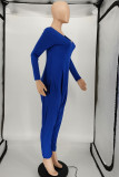 Blue Fashion Casual Solid Basic V Neck Harlan Jumpsuits