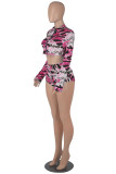 Pink Fashion Casual Print Basic Zipper Collar Long Sleeve Two Pieces