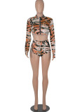 Pink Fashion Casual Print Basic Zipper Collar Long Sleeve Two Pieces