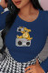 Navy Blue Casual Sweet Print Patchwork O Neck Tops